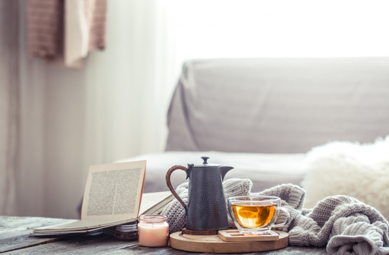 cozy autumn still life with cup tea